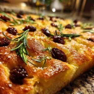 Focaccia aux Raisins 3 Pâte à focaccia avec raisins et romarin avant cuisson sur plaque huilée