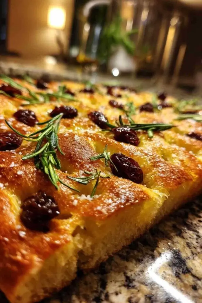 Focaccia aux Raisins 2 Pâte à focaccia avec raisins et romarin avant cuisson sur plaque huilée