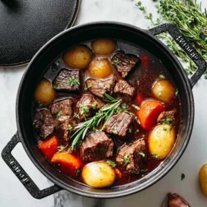 French Beef Bourguignon 3 French Beef Bourguignon traditionnel mijoté dans cocotte fonte avec légumes