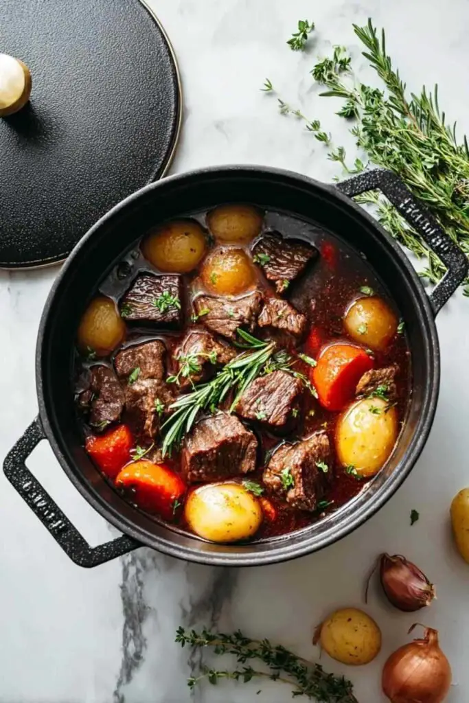 French Beef Bourguignon 2 French Beef Bourguignon traditionnel mijoté dans cocotte fonte avec légumes