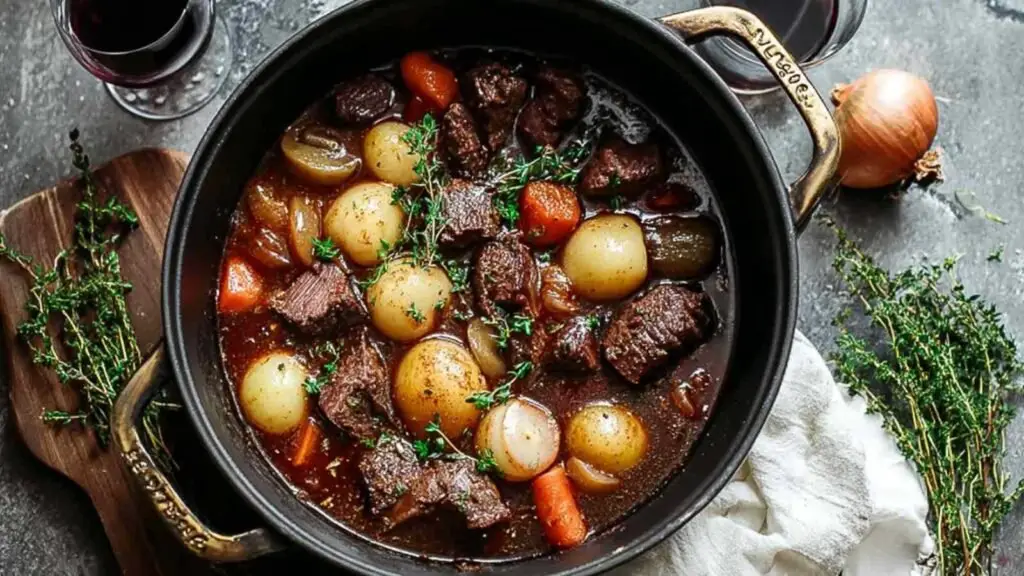French Beef Bourguignon 1 Bœuf bourguignon français traditionnel dans une cocotte en fonte