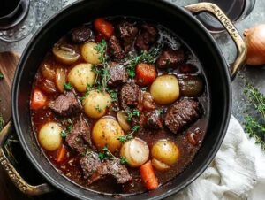 Bœuf bourguignon français traditionnel dans une cocotte en fonte