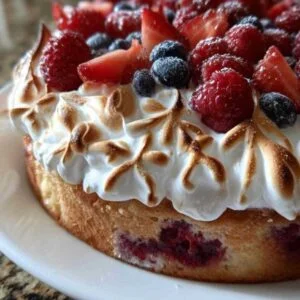 Gâteau aux fruits rouges avant ajout de la meringue sortant du four