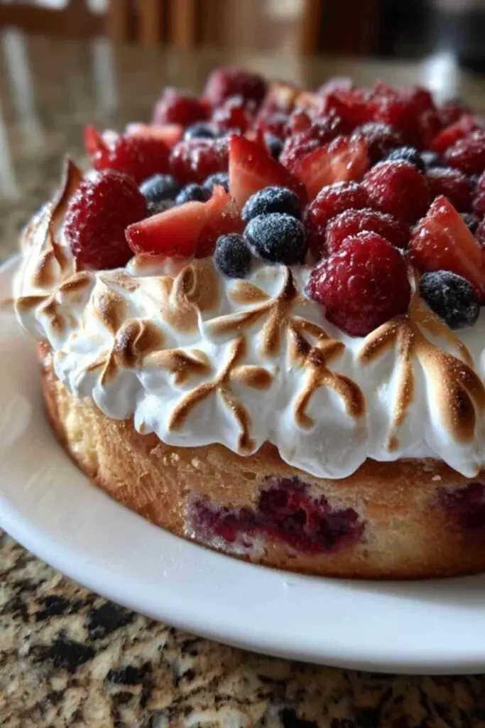 Gâteau aux fruits rouges avant ajout de la meringue sortant du four