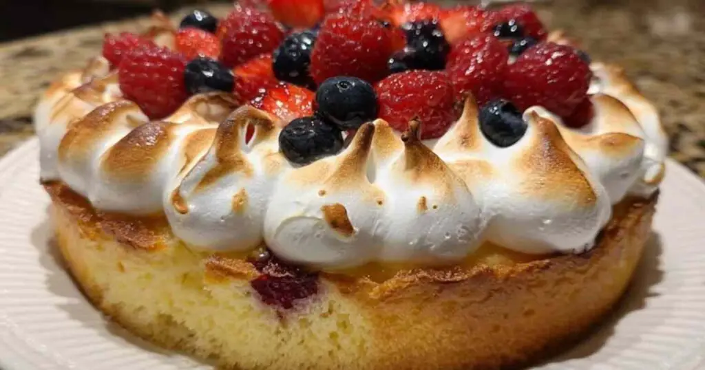 Gâteau moelleux aux fruits rouges meringué doré prêt à déguster
