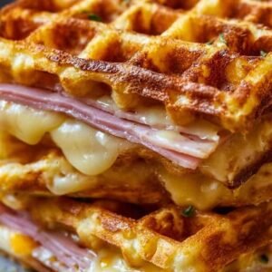 Gaufres Salées au Jambon et Fromage 3 Gaufres salées au jambon et fromage servies avec salade fraîche