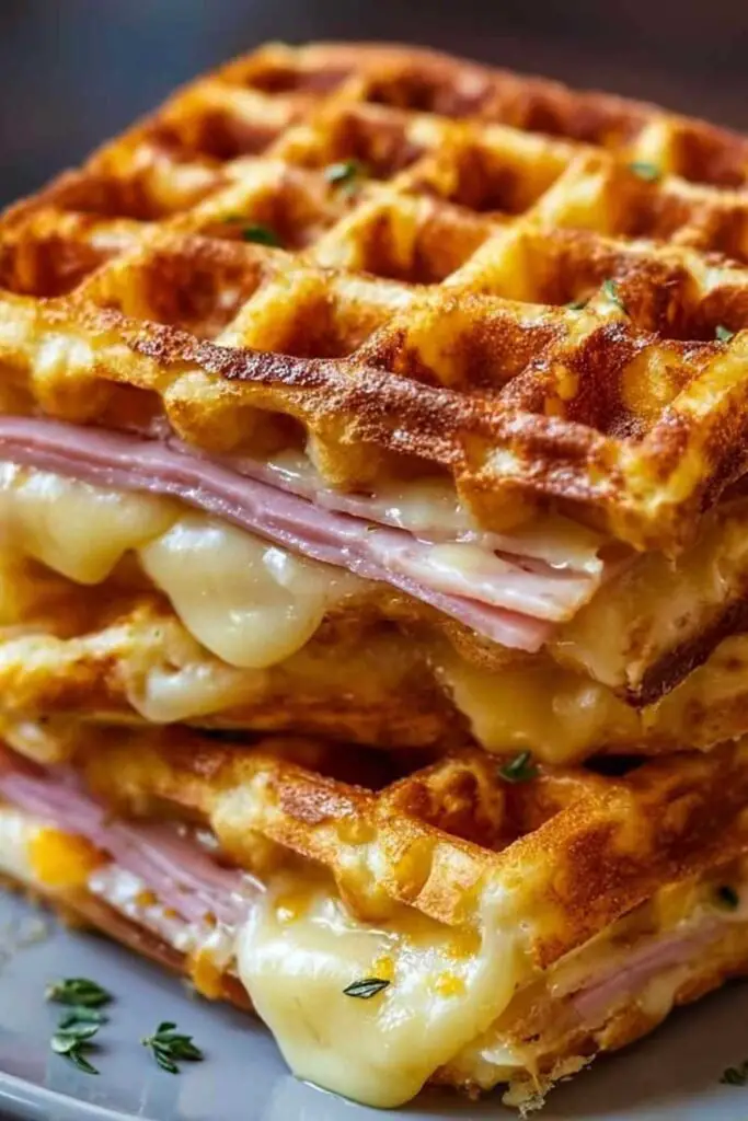 Gaufres Salées au Jambon et Fromage 2 Gaufres salées au jambon et fromage servies avec salade fraîche