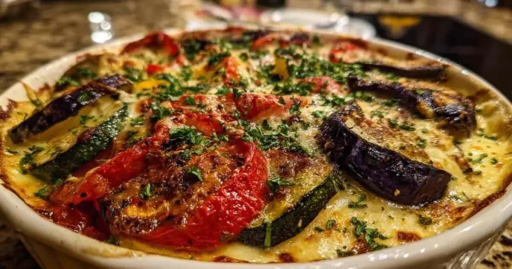 Part de gratin de légumes à l'emmental servi dans assiette