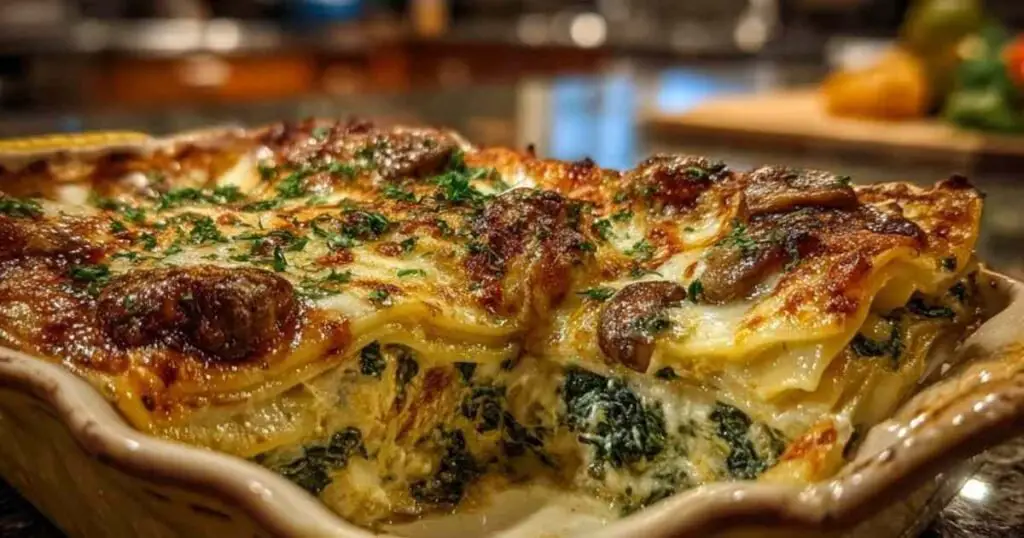 Lasagne épinards champignons dorée sortant du four
