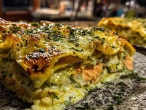 Lasagnes au saumon et courgettes dorées sortant du four
