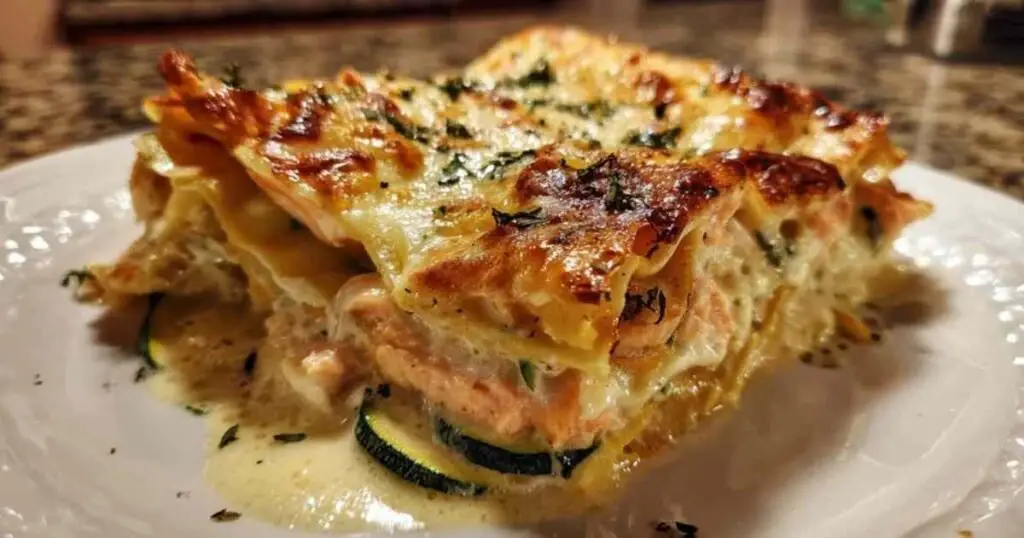 Part de lasagne saumon courgettes dans assiette avec salade