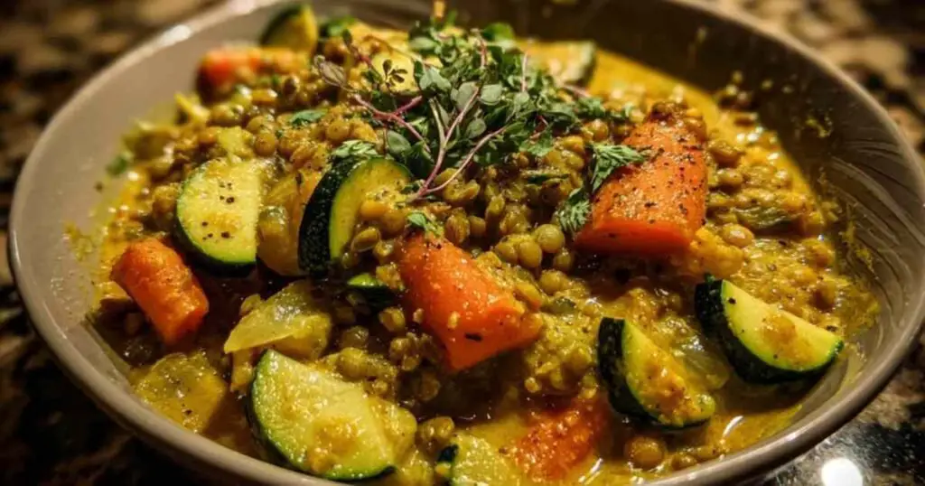 curry de lentilles vertes 1 Curry de lentilles vertes en cours de cuisson dans une casserole