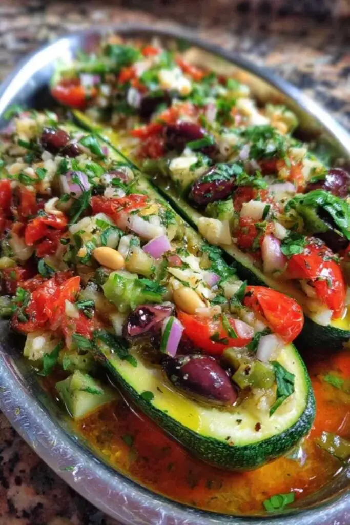 Courgettes Farcies Méditerranéenne 2 Portion courgette farcie méditerranéenne servie avec salade