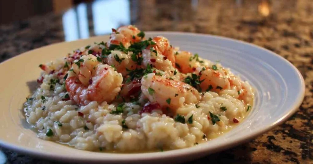 Risotto aux crevettes crémeux dans une casserole avec parmesan râpé
