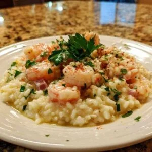 Ingrédients pour risotto aux crevettes disposés sur plan de travail