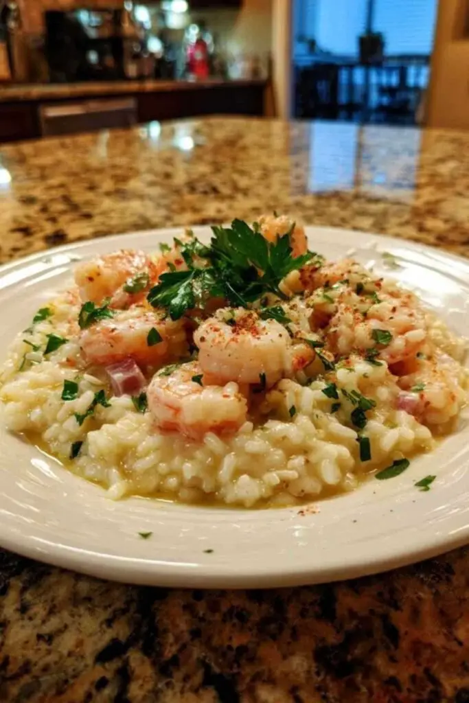 Ingrédients pour risotto aux crevettes disposés sur plan de travail