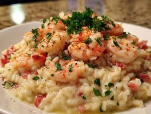 Assiette de risotto aux crevettes garni de persil et parmesan