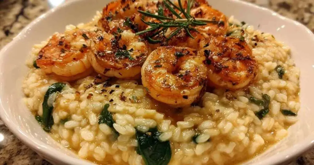 Risotto marsala aux crevettes dans une poêle avec champignons et épinards
