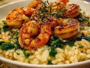 Assiette de risotto marsala aux crevettes garni d'herbes fraîches