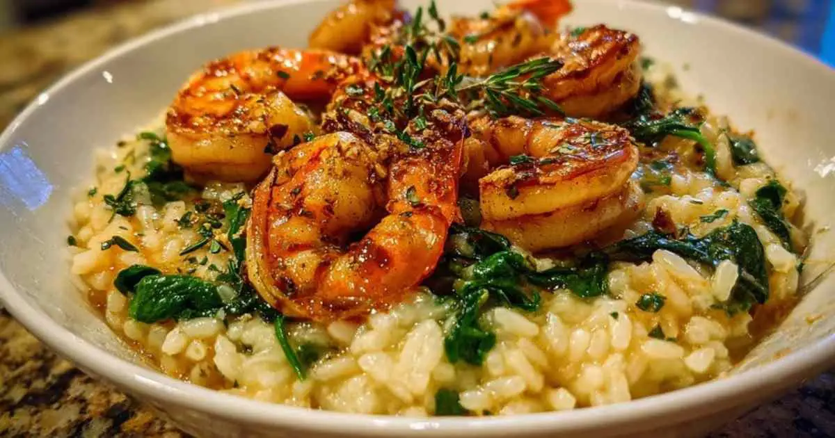 Assiette de risotto marsala aux crevettes garni d'herbes fraîches