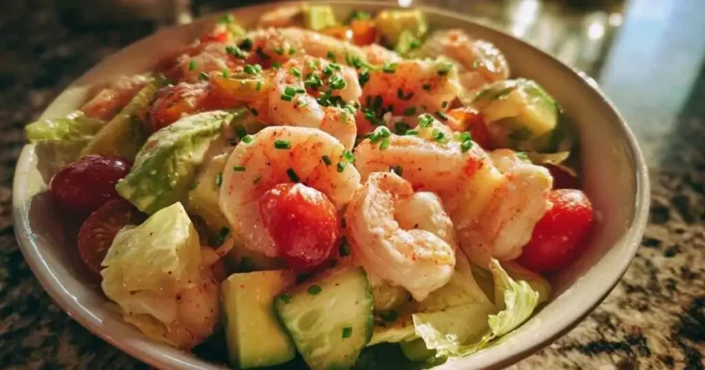 Salade de Crevettes Crémeuse 1 Salade de crevettes crémeuse avec avocat et tomates cerises dans un bol blanc
