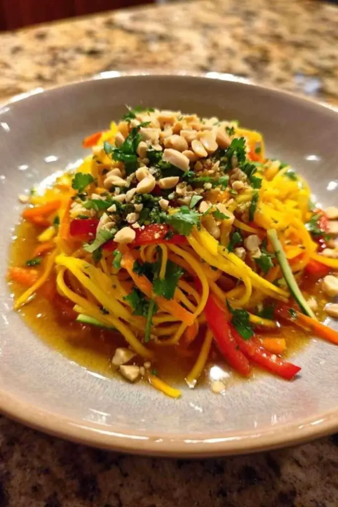 Salade de Mangue Thaï 2 Vinaigrette asiatique versée sur salade de mangue dans saladier