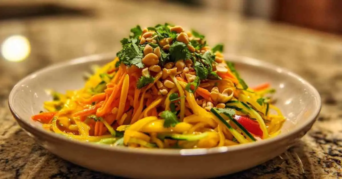 Salade de mangue thaï colorée dans un bol avec cacahuètes et coriandre