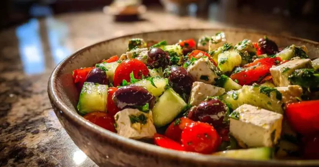 Salade de pois chiches grecque dans un bol bleu avec feta et olives