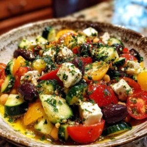 Ingrédients pour salade grecque aux pois chiches disposés sur plan de travail