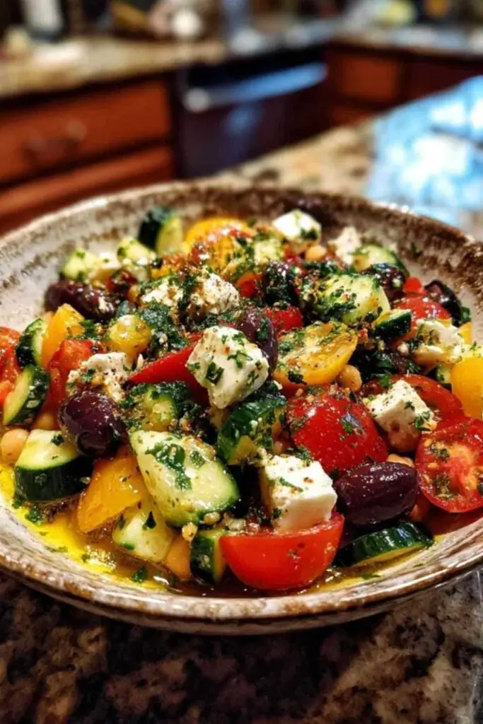 Ingrédients pour salade grecque aux pois chiches disposés sur plan de travail