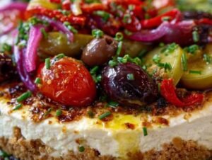 Salade feta méditerranéenne avec légumes frais sur base de cheesecake salé