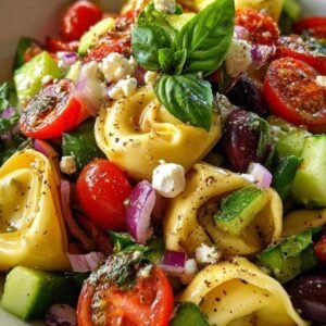 Ingrédients pour salade tortellini grecque disposés sur plan de travail