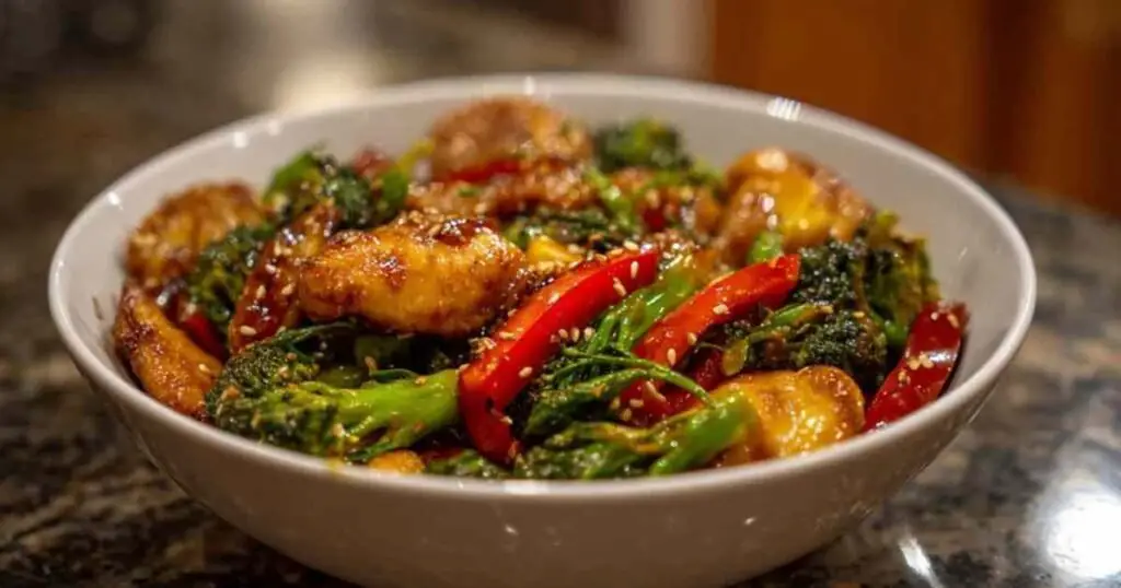 Sauté de Poulet et Brocolis 1 auté de poulet et brocolis dans un wok avec sauce brillante