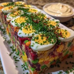 Terrine de Macédoine aux œufs Durs 3 Magnifique terrine colorée aux légumes et œufs