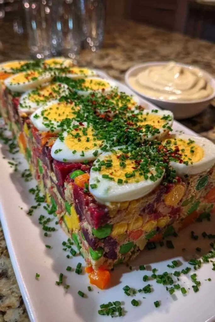 Terrine de Macédoine aux œufs Durs 2 Magnifique terrine colorée aux légumes et œufs