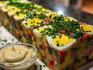 Terrine de légumes servie avec accompagnements sur table dressée