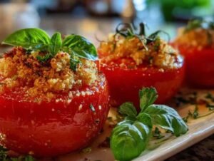 Ingrédients pour tomates provençales air fryer sur plan de travail