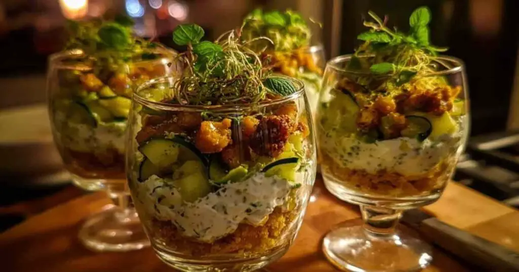 Verrines Courgette Feta 1 Verrines courgette feta finies décorées herbes fraîches