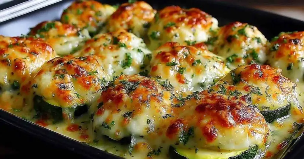 Zucchini Rollatini 1 Zucchini rollatini dorés au four avec fromage mozzarella fondu dans un plat de cuisson
