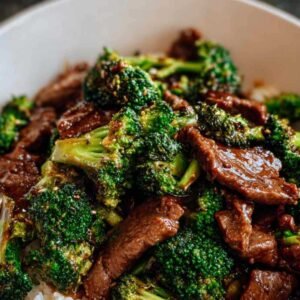 Plat de bœuf et brocoli chinois servi dans une assiette blanche