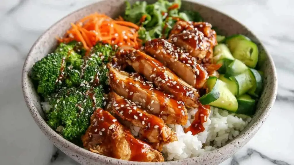 Bol de poulet collant avec riz et brocolis