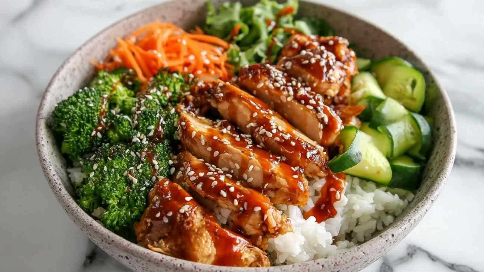 Bol de poulet collant avec riz et brocolis