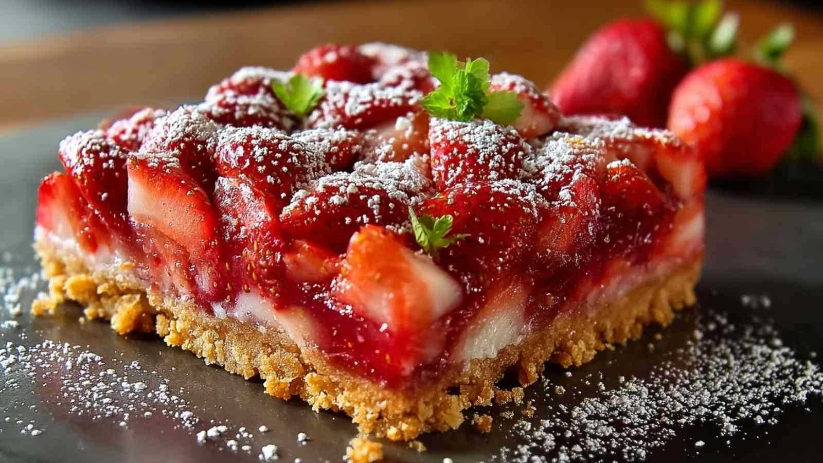 Carrés aux fraises crumble dorés sortant du four