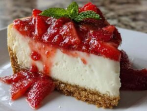 Cheesecake fraise croustillant avec fraises fraîches sur assiette