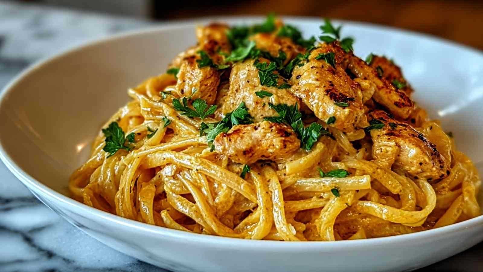 Linguine au poulet au beurre cowboy crémeuses garnies de persil frais