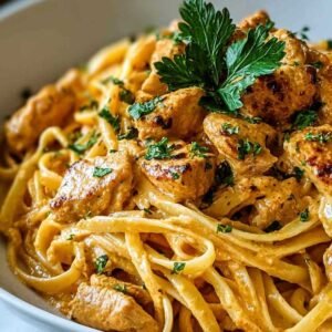Assiette de linguine au poulet au beurre cowboy garnies de persil