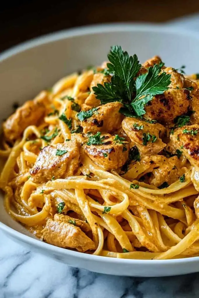 Assiette de linguine au poulet au beurre cowboy garnies de persil