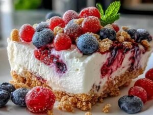 Délice aux baies sans cuisson avec cinq couches visibles et garniture de baies fraîches