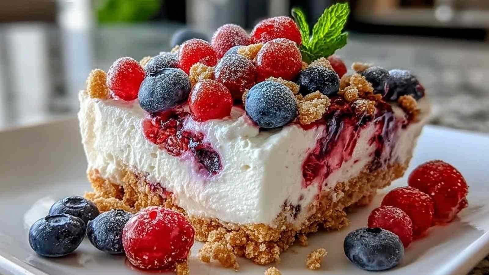 Délice aux baies sans cuisson avec cinq couches visibles et garniture de baies fraîches