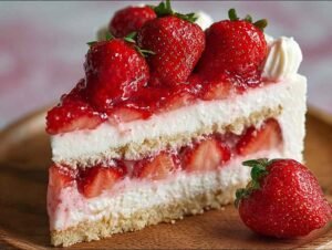 Gâteau fromage fraise fait maison avec fraises fraîches sur le dessus